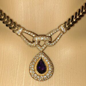 Amethyst and Pave Diamond Necklace 14K Yellow Gold Vintage